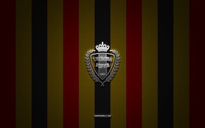 belçika milli futbol takımı logosu, uefa, avrupa, kırmızı, sarı siyah karbon arka plan, belçika milli futbol takımı amblemi, futbol, belçika milli futbol takımı, belçika