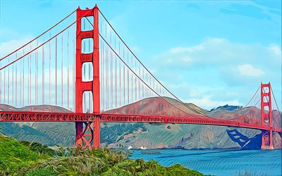سان فرانسيسكو, جسر البوابة الذهبية, 4k, ناقلات الفن, خليج سان فرانسيسكو, الجسر المعلق الأحمر, رسومات جسر البوابة الذهبية, فن إبداعي, الولايات المتحدة الأمريكية