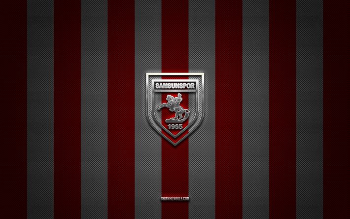 Samsunspor logo, turkish football clubs, TFF First League, red white carbon background, 1 Lig, Samsunspor emblem, football, Samsunspor silver metal logo, soccer, Samsunspor FC