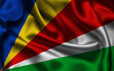 Seychelles flag, 4K, African countries, satin flags, flag of Seychelles, Day of Seychelles, wavy satin flags, Seychelles national symbols, Africa, Seychelles