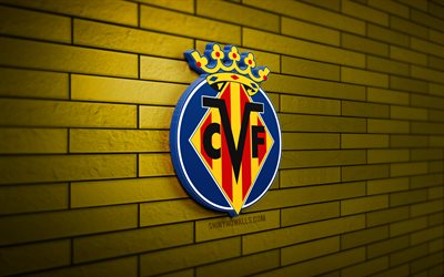Villarreal 3D logo, 4K, yellow brickwall, LaLiga, soccer, spanish football club, Villarreal logo, football, Villarreal CF, sports logo, Villarreal FC