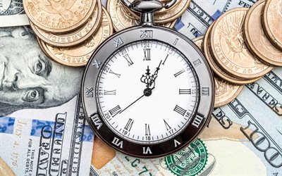 time is money, 4k, american dollars, finance concepts, money background, silvery pocket watch, business concepts, watch on money, dollars