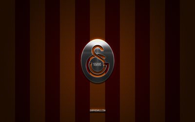 Galatasaray logo, turkish football clubs, Super Lig, purple orange carbon background, Galatasaray emblem, football, Galatasaray silver metal logo, Galatasaray SK, soccer, Galatasaray FC