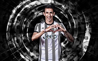 Angel Di Maria, 4k, Juventus FC, black abstract background, soccer, Serie A, argentinean footballers, Angel Di Maria 4K, abstract rays, football, Juve, Angel Di Maria Juventus FC