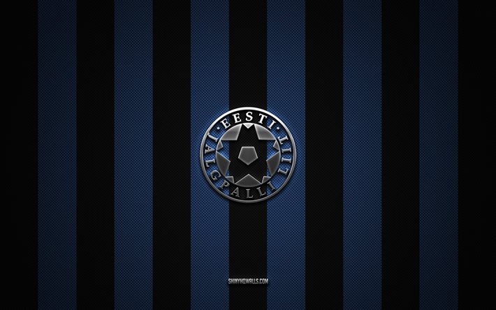 logotipo del equipo nacional de fútbol de estonia, uefa, europa, fondo de carbono blanco azul, emblema del equipo nacional de fútbol de estonia, fútbol, equipo nacional de fútbol de estonia, estonia