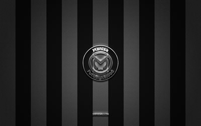 logo manisa fk, clubs de football turcs, tff first league, fond blanc carbone noir, 1 lig, emblème manisa fk, football, logo en métal argenté manisa fk, manisa fc