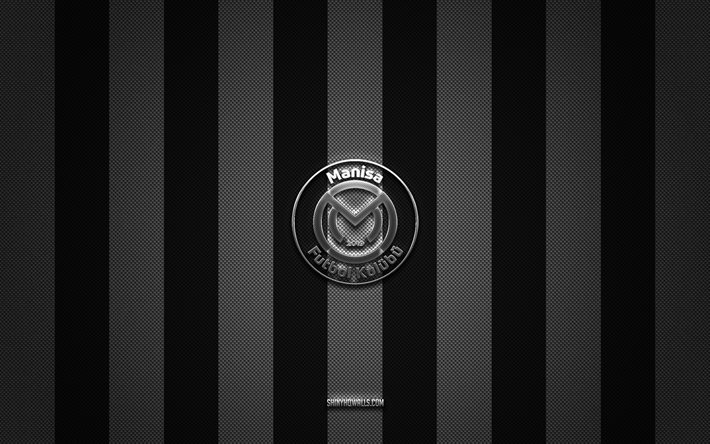 شعار manisa fk, أندية كرة القدم التركية, tff first league, أبيض أسود الكربون الخلفية, 1 دوري, كرة القدم, مانيسا fk شعار معدني فضي, مانيسا إف سي