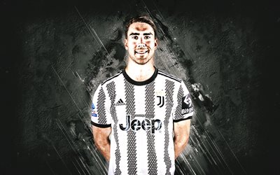 Dusan Vlahovic, Juventus FC, portrait, Serbian football player, white stone background, Serie A, Italy, football, Vlahovic Juve