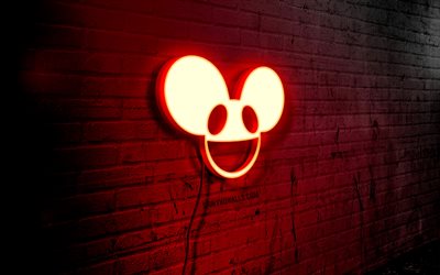 Deadmau5 neon logo, 4k, red brickwall, Joel Thomas Zimmerman, grunge art, creative, canadian DJs, logo on wire, Deadmau5 red logo, Deadmau5 logo, artwork, Deadmau5