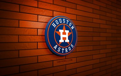logotipo 3d de los astros de houston, 4k, pared de ladrillo naranja, mlb, béisbol, logotipo de los astros de houston, equipo de béisbol estadounidense, logotipo deportivo, astros de houston