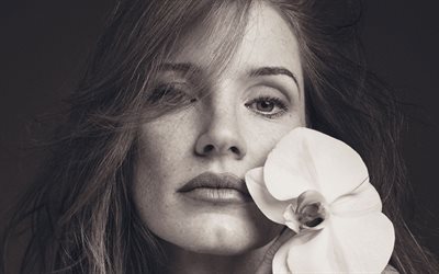 4k, Jessica Chastain, portrait, photo shoot, monochrome, orchid flower, american actress, Hollywood star, popular actresses, Jessica Michelle Chastain