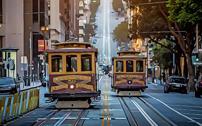 4k, 트램, 샌프란시스코, 페인트 아트, 캘리포니아, 샌프란시스코 도시 풍경, 미국, 도시 풍경 그림, 샌프란시스코 그림