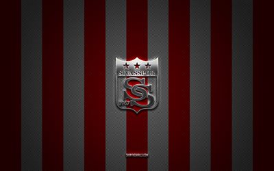 logotipo de sivasspor, clubes de fútbol turcos, super lig, fondo de carbono blanco rojo, emblema de sivasspor, fútbol, logotipo de metal plateado de sivasspor, sivasspor fc