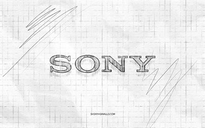 sony sketch logo, 4k, papel quadriculado de fundo, sony logotipo preto, marcas, logo esboços, sony logo, desenho a lápis, sony