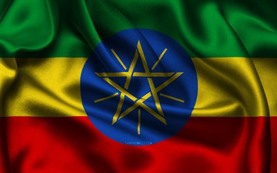 Ethiopia flag, 4K, African countries, satin flags, flag of Ethiopia, Day of Ethiopia, wavy satin flags, Ethiopian flag, Ethiopian national symbols, Africa, Ethiopia