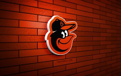 logotipo 3d de los orioles de baltimore, 4k, pared de ladrillo naranja, mlb, béisbol, logotipo de los orioles de baltimore, equipo de béisbol americano, logotipo deportivo, orioles de baltimore