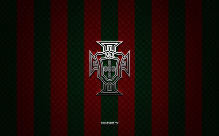 logo de l équipe nationale de football du portugal, uefa, europe, fond de carbone vert rouge, emblème de l équipe nationale de football du portugal, football, équipe nationale de football du portugal, portugal