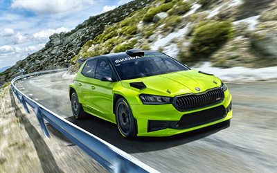 4k, Skoda Fabia RS Rally2, highway, 2022 cars, tuning, Green Skoda Fabia RS, pictures with Skoda, motion blur, 2022 Skoda Fabia RS, czech cars, Skoda, HDR