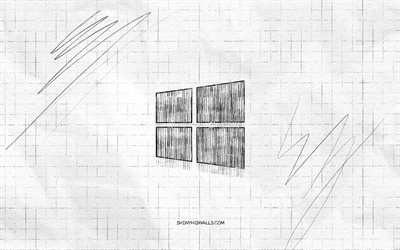 windows 10 스케치 로고, 4k, 체크 무늬 종이 배경, windows 10 검은색 로고, 운영체제, 로고 스케치, 윈도우 10 로고, 연필 드로잉, 윈도우 10
