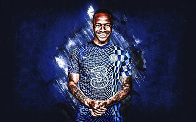 Raheem Sterling, Chelsea FC, English footballer, attacking midfielder, blue stone background, football, Premier league, Еngland, Chelsea Sterling