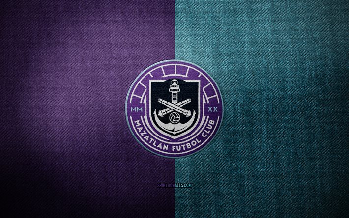 emblema do mazatlan fc, 4k, fundo de tecido azul violeta, liga mx, logo mazatlan fc, logotipo esportivo, clube de futebol mexicano, fc mazatlán, futebol, mazatlan fc