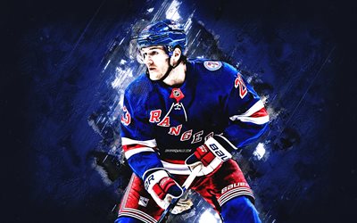 Adam Fox, New York Rangers, NHL, American hockey player, blue stone background, hockey, grunge art, National Hockey League, USA