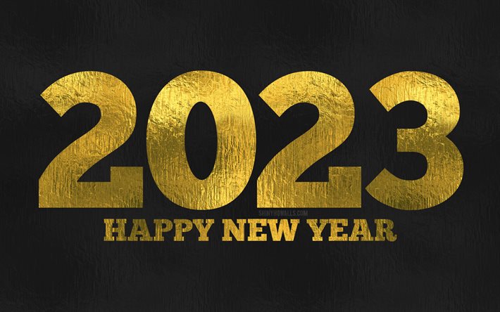 4k, 2023 feliz año nuevo, dígitos de lámina dorada, decoraciones de navidad, 2023 conceptos, feliz navidad, 2023 dígitos 3d, feliz año nuevo 2023, creativo, 2023 año, 2023 fondo negro
