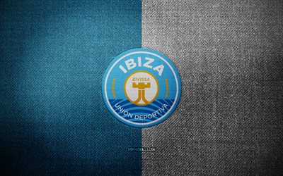 escudo ud ibiza, 4k, fondo de tela blanca azul, laliga2, logotipo ud ibiza, logotipo deportivo, bandera ud ibiza, club de futbol español, ud ibiza, la liga 2, fútbol, ibiza fc