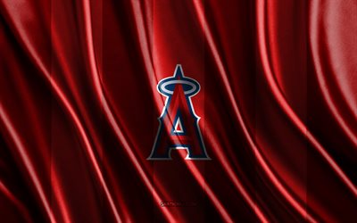 4k, Los Angeles Angels, MLB, red silk texture, Los Angeles Angels flag, American baseball team, baseball, silk flag, Los Angeles Angels emblem, USA, Los Angeles Angels badge