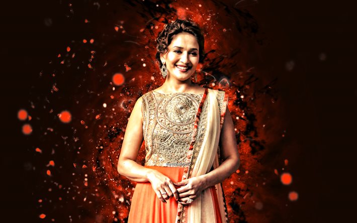 Madhuri Dixit Nene, 4k, orange neon lights, indian actress, saree, Bollywood, creative, movie stars, indian celebrity, orange abstract backgrpund, Madhuri Dixit Nene 4k