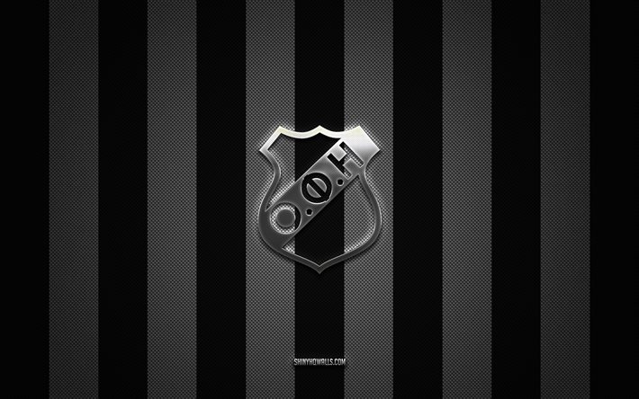 ofiクレタfcのロゴ, ギリシャのサッカー チーム, スーパーリーグ ギリシャ, ブラック ホワイト カーボンの背景, ofiクレタfcのエンブレム, フットボール, ofiクレタfc, ギリシャ, ofiクレタfcのメタルロゴ