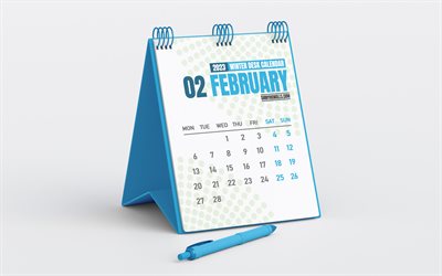 calendrier février 2023, calendrier de bureau bleu, minimalisme, février, fond gris, concepts 2023, calendriers d'hiver, calendrier de février 2023, calendriers de bureau 2023