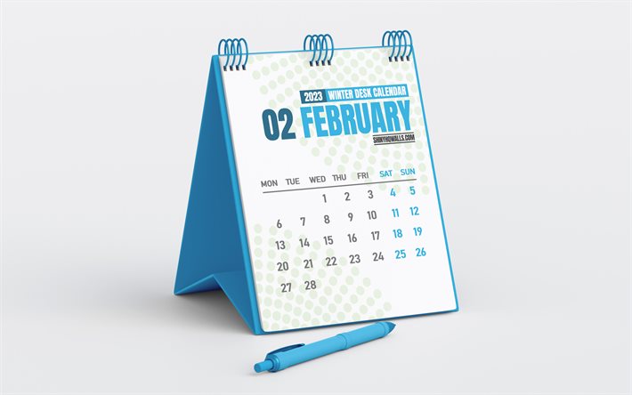 2023 February Calendar, blue desk calendar, minimalism, February, gray background, 2023 concepts, winter calendars, February 2023 Calendar, 2023 business February calendar, 2023 desk calendars, February Calendar 2023