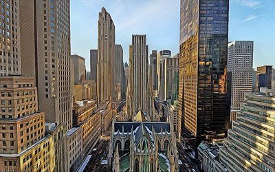 St Patricks Cathedral, New York, Midtown Manhattan, vector art, 4k, Fifth Avenue, New York drawings, New York cityscape, USA