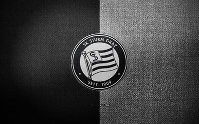 sk シュトゥルム グラーツのバッジ, 4k, 黒の白い布の背景, オーストリア ブンデスリーガ, skシュトゥルムグラーツのロゴ, sk シュトゥルム グラーツのエンブレム, スポーツのロゴ, オーストリアのサッカークラブ, sk シュトゥルム グラーツ, サッカー, フットボール, シュトゥルム グラーツ fc