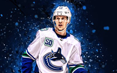 Elias Pettersson, 4k, blue neon lights, Vancouver Canucks, NHL, hockey, Elias Pettersson 4K, blue abstract background, Elias Pettersson Vancouver Canucks