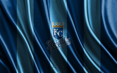 4k, Kansas City Royals, MLB, blue silk texture, Kansas City Royals flag, American baseball team, baseball, silk flag, Kansas City Royals emblem, USA, Kansas City Royals badge
