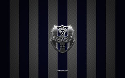 アポロン・スミルニスfcのロゴ, ギリシャのサッカー チーム, スーパーリーグ ギリシャ, 青白い炭素の背景, アポロン・スミルニの紋章, フットボール, アポロン・スミルニス fc, ギリシャ, アポロン・スミルニス fc メタルロゴ