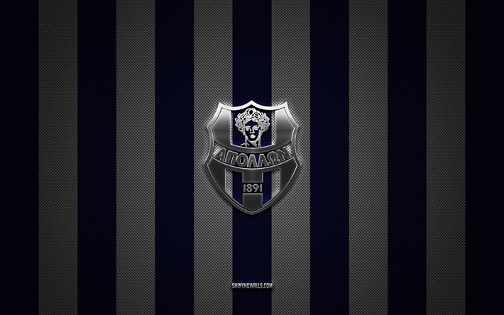 アポロン・スミルニスfcのロゴ, ギリシャのサッカー チーム, スーパーリーグ ギリシャ, 青白い炭素の背景, アポロン・スミルニの紋章, フットボール, アポロン・スミルニス fc, ギリシャ, アポロン・スミルニス fc メタルロゴ