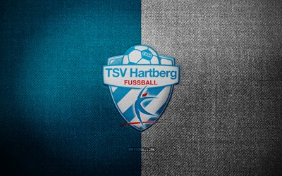 شارة tsv hartberg, 4k, أزرق نسيج أبيض الخلفية, الدوري النمساوي, شعار tsv hartberg, شعار رياضي, نادي كرة القدم النمساوي, tsv هارتبرج, كرة القدم, هارتبرج