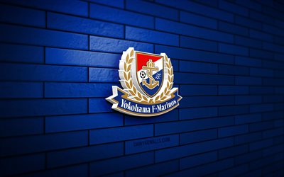 Yokohama F Marinos 3D logo, 4K, blue brickwall, J1 League, soccer, japanese football club, Yokohama F Marinos logo, Yokohama F Marinos emblem, football, Yokohama F Marinos, sports logo, Yokohama F Marinos FC