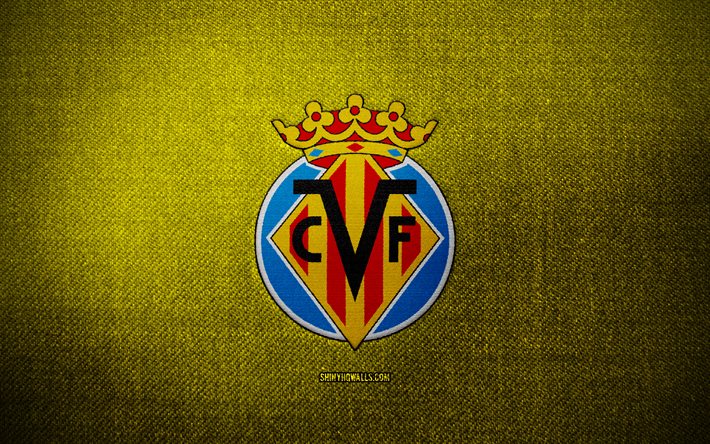 Villarreal CF B badge, 4k, blue yellow fabric background, LaLiga2, Villarreal CF B logo, Villarreal CF B emblem, sports logo, Villarreal CF B flag, spanish football club, Villarreal CF B, La Liga 2, soccer, football, Villarreal B FC
