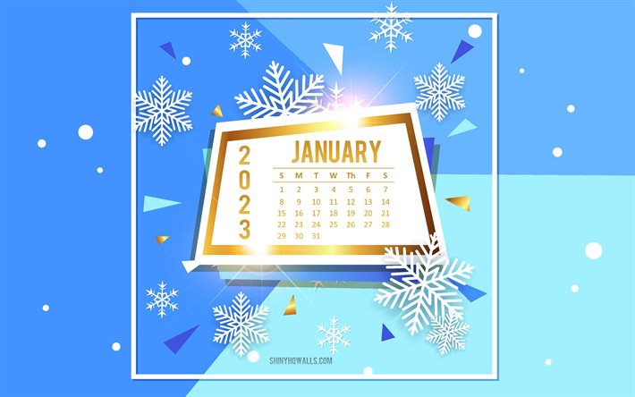 kalender januar 2023, 4k, blauer hintergrund mit schneeflocken, januar, kalender 2023, winterhintergrund, weiße schneeflocken, januar kalender 2023, wintervorlage