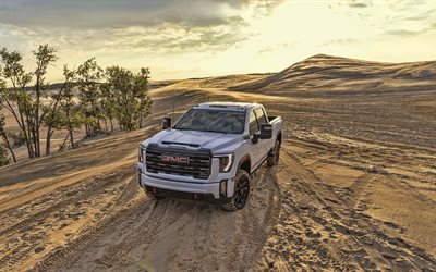 2024, GMC Sierra 2500HD AT4, 4k, front view, exterior, white pickup truck, white GMC Sierra AT4, American cars, GMC
