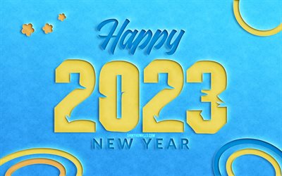2023년 새해 복 많이 받으세요, 4k, 종이 숫자를 자르다, 2023년 컨셉, 창의적인, 2023 컷 숫자, 2023 노란색 숫자, 2023 파란색 배경, 2023년
