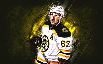 Brad Marchand, Boston Bruins, NHL, Canadian hockey player, portrait, yellow stone background, National Hockey League, USA