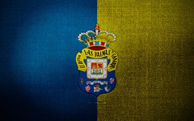 UD Las Palmas badge, 4k, blue yellow fabric background, LaLiga2, UD Las Palmas logo, UD Las Palmas emblem, sports logo, UD Las Palmas flag, spanish football club, UD Las Palmas, La Liga 2, soccer, football, Las Palmas FC