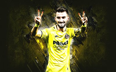 Alex Baena, Villarreal CF, spanish soccer player, midfielder, portrait, yellow stone background, football, Villarreal, Alejandro Baena Rodríguez