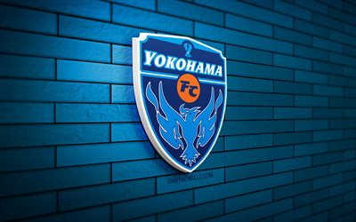logotipo 3d del yokohama fc, 4k, pared de ladrillo azul, liga j2, fútbol, club de fútbol japonés, logotipo del fc yokohama, emblema del fc yokohama, fc yokohama, logotipo deportivo, yokohama fc