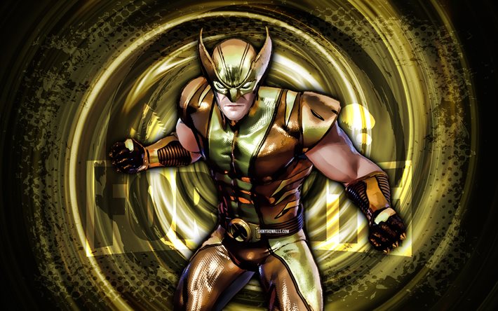 4k, Gold Foil Wolverine, Fortnite, gold grunge spiral background, Gold Foil Wolverine Skin, Gold Foil Wolverine Fortnite character, Gold Foil Wolverine Fortnite, Fortnite characters, grunge art